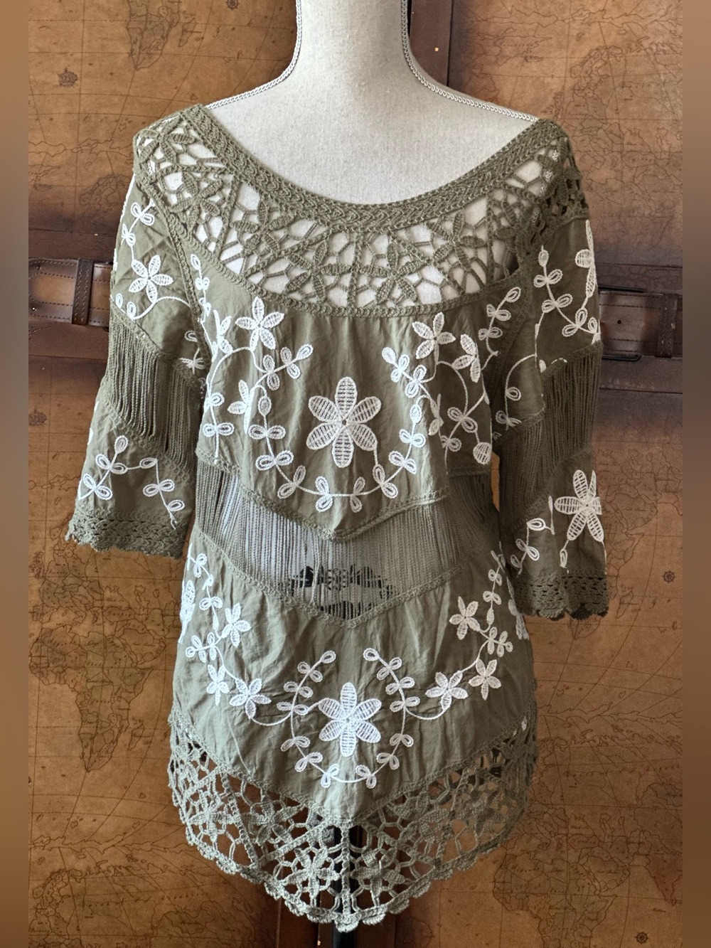 Olive Crochet & Embroidered Boho Tunic Top